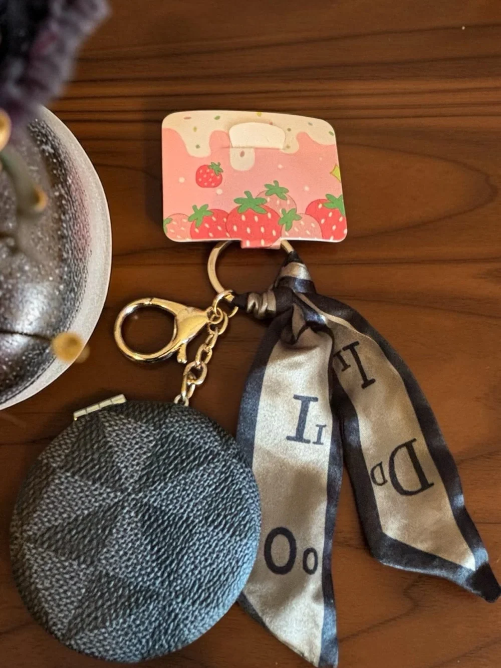 Portable Grey/Black Compact Double Sided Mirror Keychain w/ Ribbon- S/H Discount